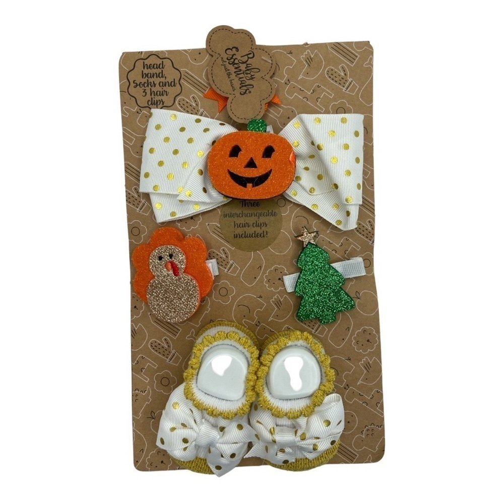 Baby Essentials Baby’s First Fall Holiday Headband Socks and Hair Clip Set NEW